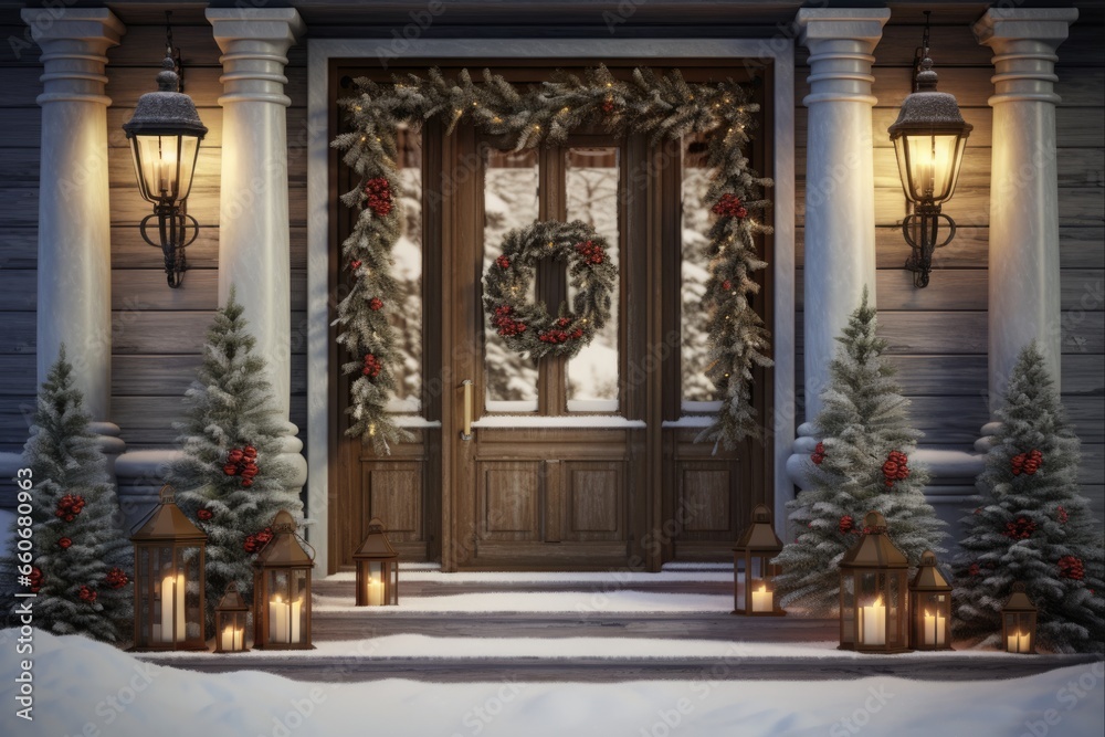 Christmas Door. Festive Porch adorned with Little Trees and Lanterns. Winter Wonderland Rendering.