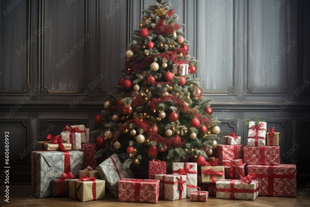 Christmas Tree Presents. Beautifully Packed Gift Boxes Under a Lovely Christmas Tree. Festive Holiday Decoration in Winter Background.