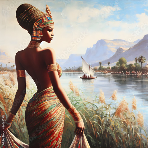 Black African Queen, village, and the River Nile. photo
