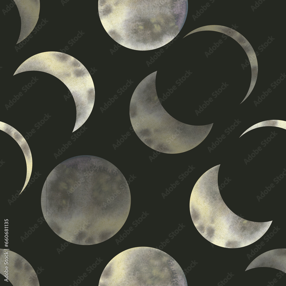 Obraz premium Moon abstract seamless pattern. Watercolour illustration phase of Moon isolated on black. Print for magical digital paper, fabric, wrapping, baby clothes.