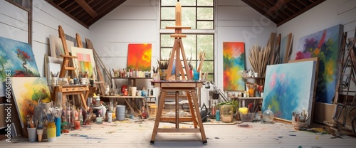 A vibrant artist's studio, the easel showcasing a blank canvas ready for creativity.