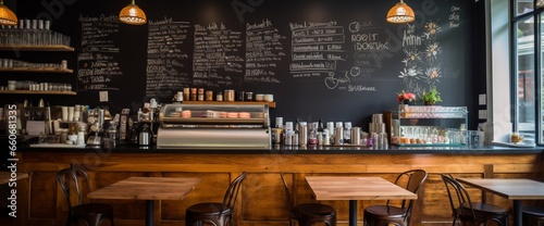 A vintage-inspired coffee shop, its chalkboard menu erased and awaiting fresh inscriptions.