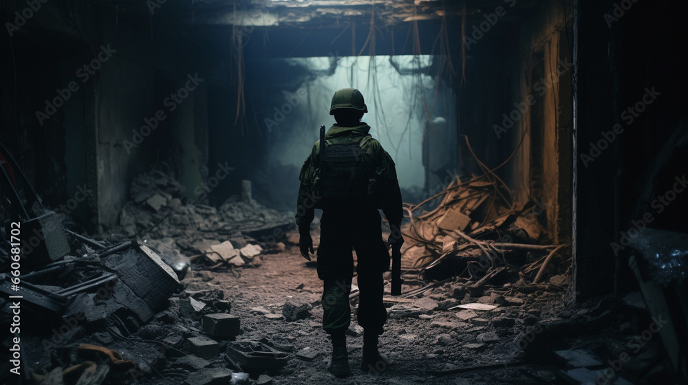 Courageous Steps: Soldier Navigates Urban Devastation, Generative AI Courageous Steps: Soldier Navigates Urban Devastation, Generative AI