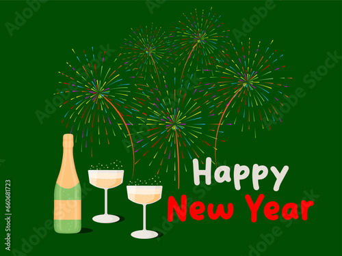 New Year's card. Bright fireworks, champagne glasses, bottle of wine on a green background. Vector illustration