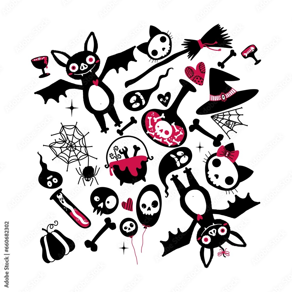 Halloween cartoon doodle set bat and cat and ghost and skulls pattern for wrapping paper and fabrics