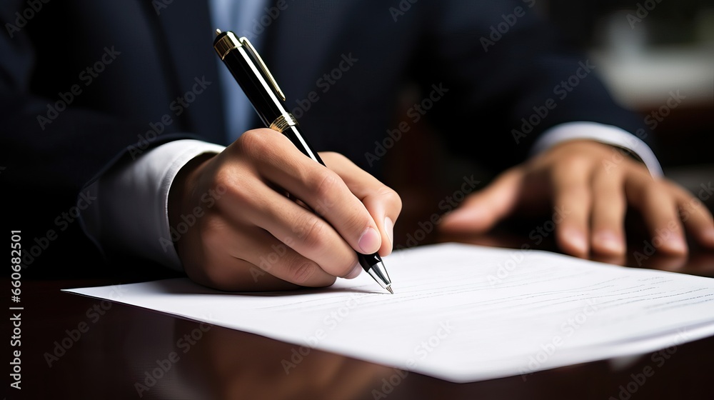 Close-up of a man's hand in black suit writing with black pen on official documents, resting on a polished wooden desk in a lawyer's or notary's office, or a sophisticated study room - obrazy, fototapety, plakaty 