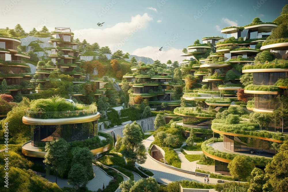 A contemporary eco-friendly urban neighborhood featuring residential buildings with lush green terraces. The image is digitally enhanced. Generative AI