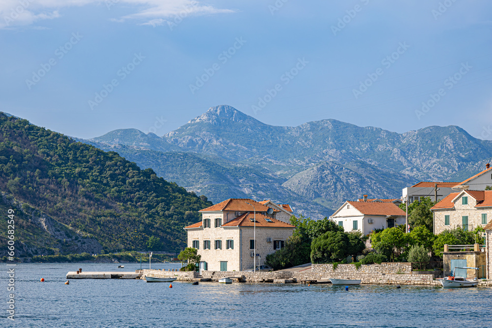 Waterfront view of historic town Lepetani in Montenegro