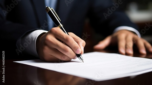 Close-up of a man's hand in black suit writing with black pen on official documents, resting on a polished wooden desk in a lawyer's or notary's office, or a sophisticated study room photo