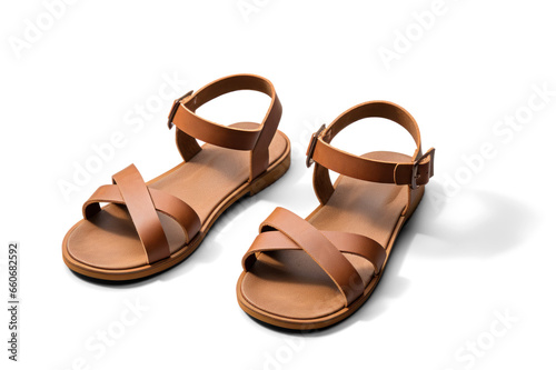 brown leather sandals, png file of isolated cutout object with shadow on transparent background.