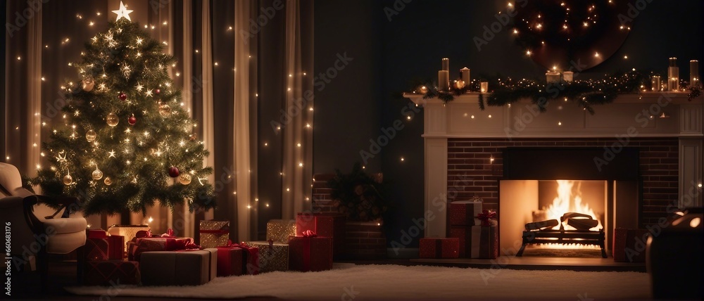 Christmas tree with presents and fireplace, wide photo