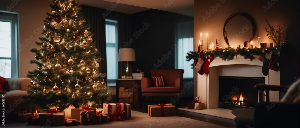 Christmas tree with presents and fireplace, wide photo Christmas tree with presents and fireplace, wide photo