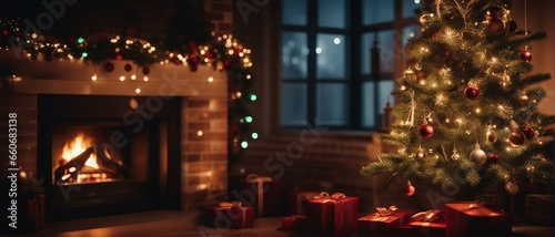 Christmas tree with presents and fireplace  wide photo