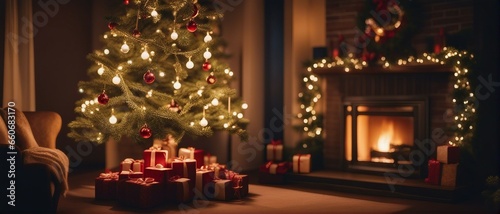 Christmas tree with presents and fireplace  wide photo
