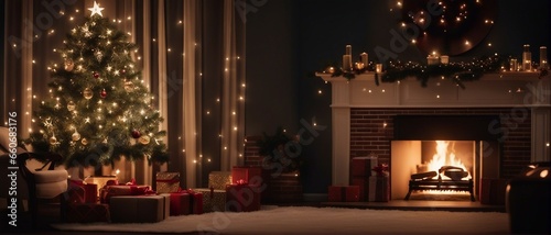 Christmas tree with presents and fireplace, wide photo