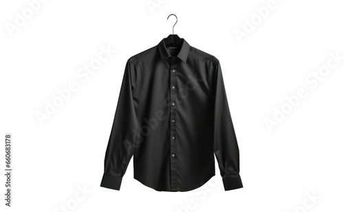 black classic mans shirt hanging on a hanger, png file of isolated cutout object with shadow on transparent background. photo