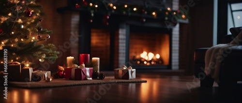 Christmas tree with presents and fireplace, wide photo