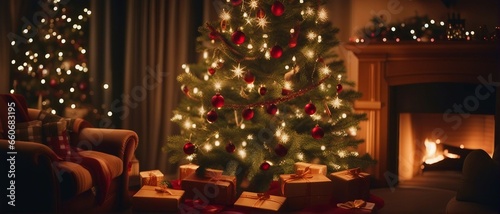 Christmas tree with presents and fireplace, wide photo
