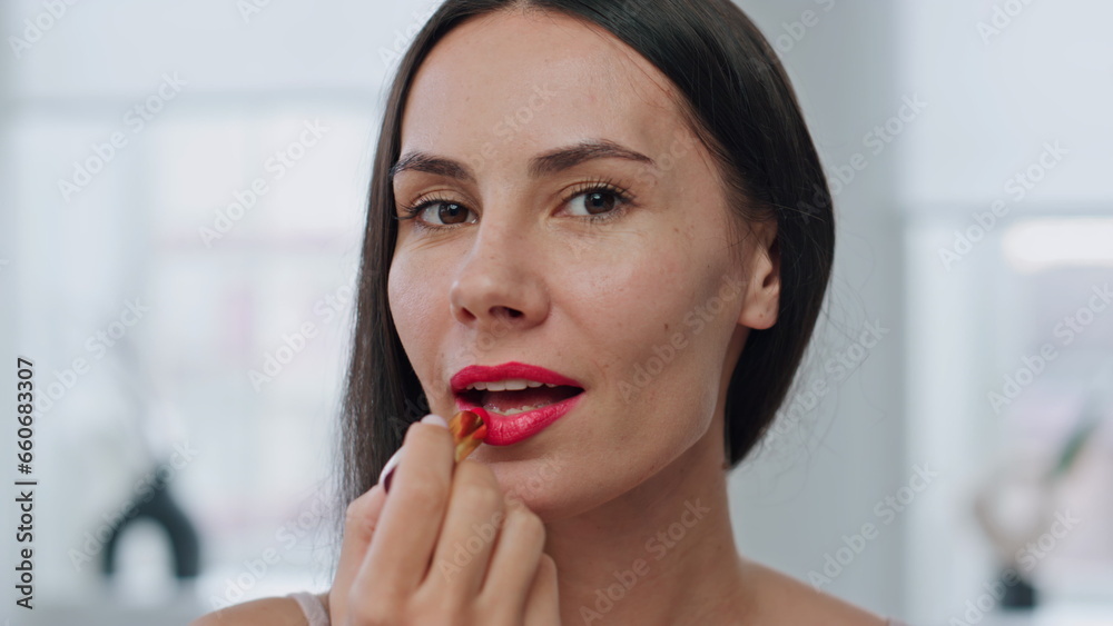 Pov lady lips makeup preparing at bath. Portrait smiling woman applying lipstick Pov lady lips makeup preparing at bath. Portrait smiling woman applying lipstick