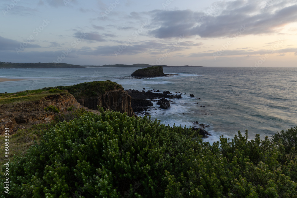 Cloudy view of the Stack Island in the morning, Minnamurra, Australia.