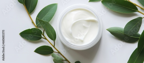 A white cosmetic jar with natural facial cream on white background next to leaves photo
