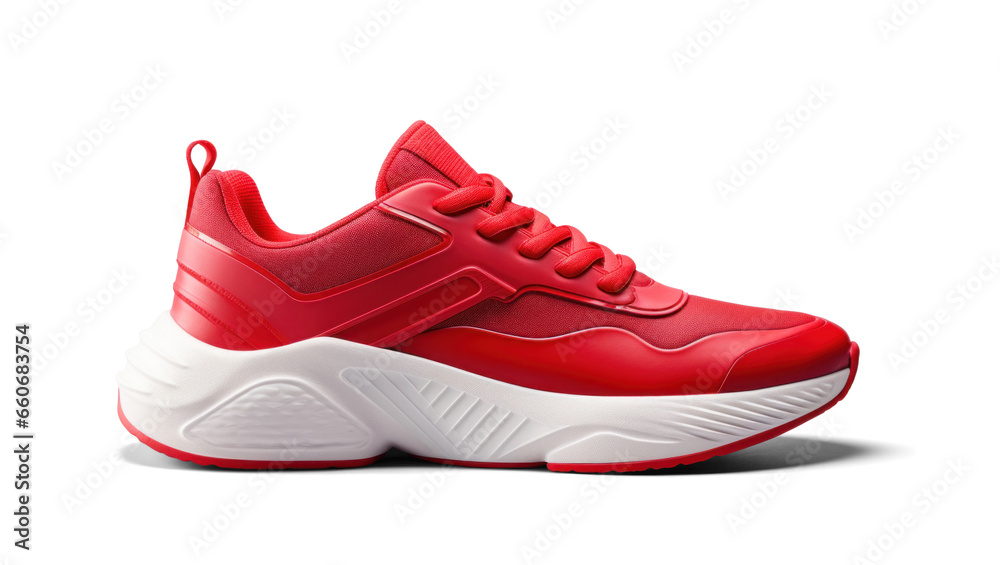 red running sneakers mockup, png file of isolated cutout object with shadow on transparent background. - obrazy, fototapety, plakaty 