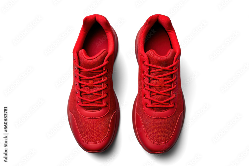 red running sneakers mockup top view, png file of isolated cutout object with shadow on transparent background.