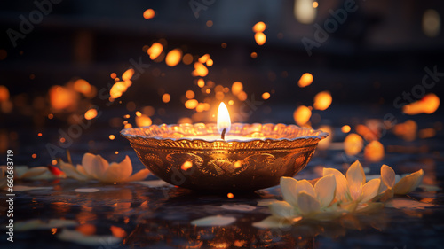 Diwali Deepavali is the main Indian holiday-festival, a festival of lights that symbolizes the victory of light over darkness. candles, lamps, colorful. banner copyspace poster greeting background.