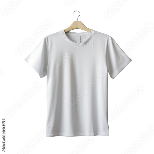 white t-shirt mockup on a hanger, png file of isolated cutout object with shadow on transparent background.