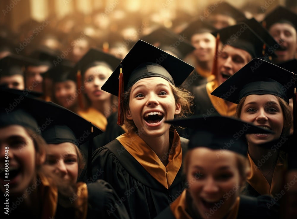 Obraz premium Happy time graduation, university institute school, graduation mantle and cap, joy group, receiving Bachelor Specialist Master degree, group selfies, classroom auditorium , toss up valedictorian hat.