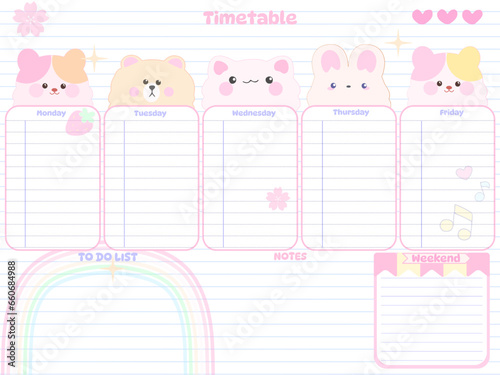 Cute inspiration notepaper kawaii design printable .  White pink pages for tags , weekly notes,  to do list, timtable minimal style with cartoon animal character tags cake flower