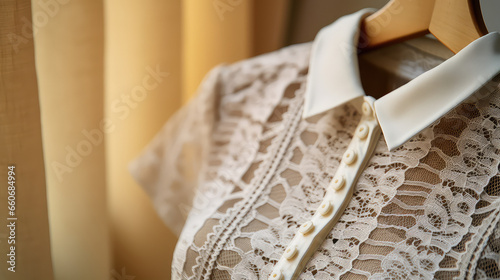 Elegant feminine lace white dress on mannequin. Atelier sewing designer vintage wedding and cocktail dresses.  © dinastya