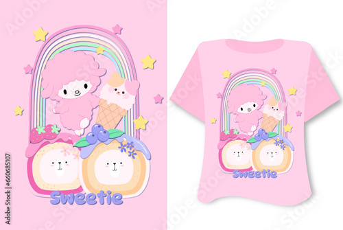 Kawaii sweet animal cute bears on pink background for t shirt . Inspirational quote card, invitation, banner, lettering, poster. Cartoon character happy  tee preschool dessert cake