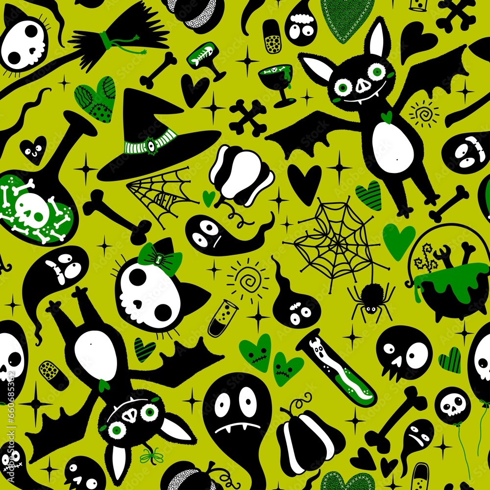 Obraz premium Halloween cartoon doodle seamless bat and cat and ghost and skulls pattern for wrapping paper and fabrics