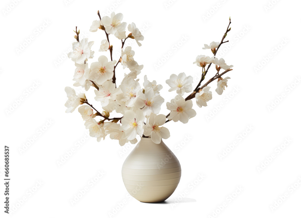 vase with beautiful white flowers, png file of isolated cutout object with shadow on transparent background. - obrazy, fototapety, plakaty 
