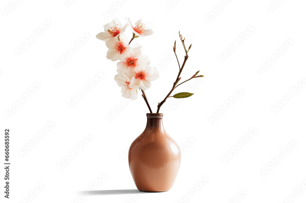 vase with beautiful pink beige flowers, png file of isolated cutout object with shadow on transparent background.