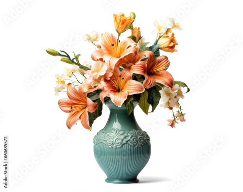 vase with beautiful orange flowers  png file of isolated cutout object with shadow on transparent background.