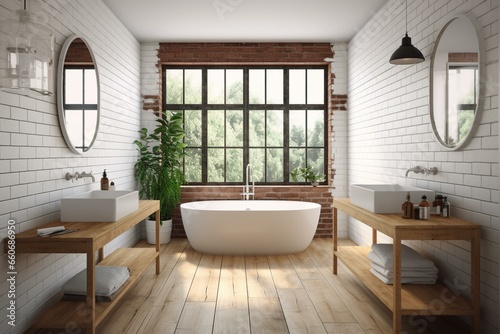 3D rendering of a retro bathroom with wooden floor, white brick and vertical wood plank wall, wooden basin table, and large windows allowing sunlight. Generative AI © David
