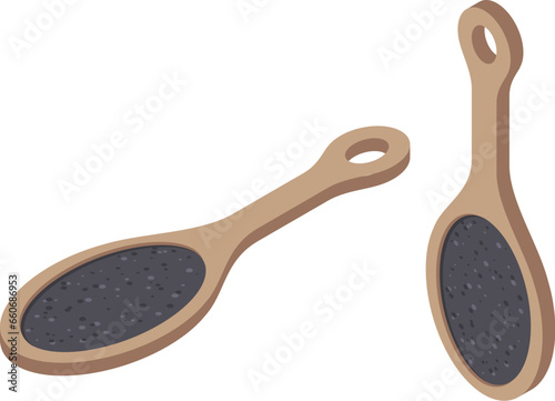 Pumice stone for heels with wooden handle. Tool for pedicure and removal of rough skin on feet. Isometric vector illustration.