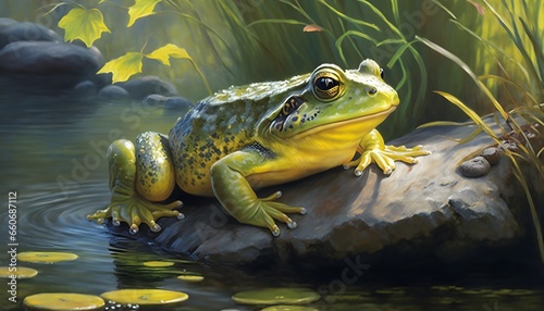 a Frog back ground river bright sunny day photorealistic oil painting year 1800 high resolution realistic oil painting 16k 