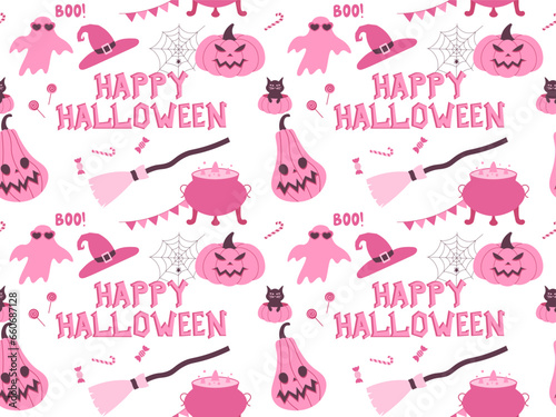 Pink Halloween pattern for party. Cartoon seamless pattern Vector illustration