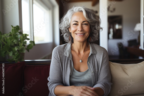a Smiling middle aged woman sitting on sofa at home, single mature senior in living room photo