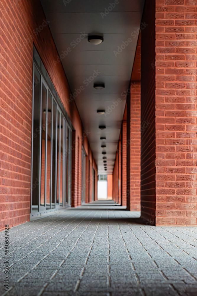 Brick pillars in building,Modern arcade with bricks,Brick walkway focus on background