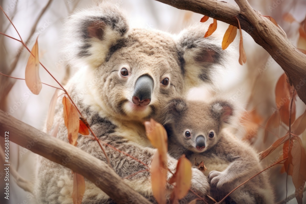 Obraz premium koalas in tree with baby on their shoulder Generative AI