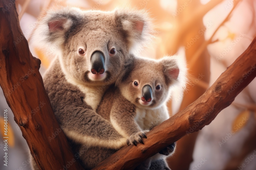 Fototapeta premium koalas in tree with baby on their shoulder Generative AI