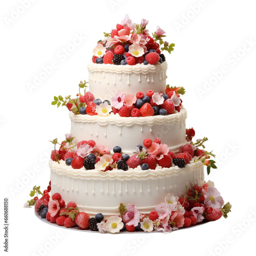 three layer wedding cake with berrys isolated on a white background, ai generated