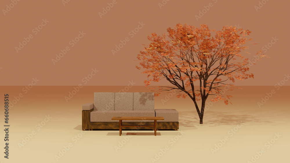 Obraz premium 秋のインテリアイメージ ソファと紅葉