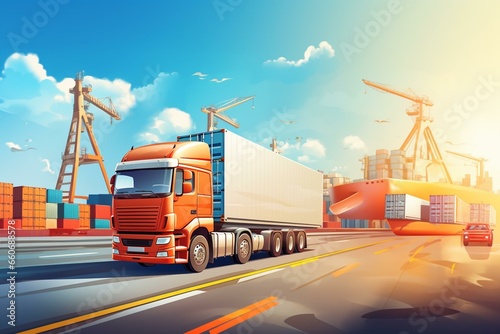Truck parked at dock warehouse loading cargo shipment. Industry freight transportation. Shipping warehousing logistics. Generative AI