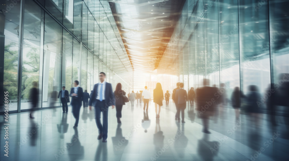 Crowd of blurred business people walking in a modern entrance. AI Generative Crowd of blurred business people walking in a modern entrance. AI Generative