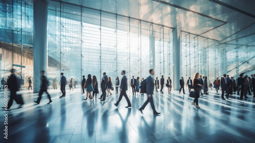 Crowd of blurred business people walking in a modern entrance. AI Generative